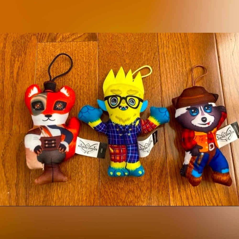 2023 The Masked Singer McDonald's Plushes Fox, thingamajig, raccoon